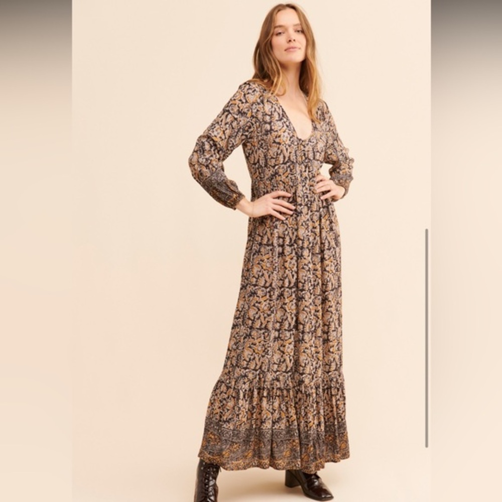 Faherty Toluca Brown Printed Long Sleeve Maxi‎ Dress